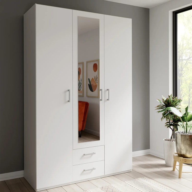 Armario 133 cm Blanco con Espejo y Cajones
