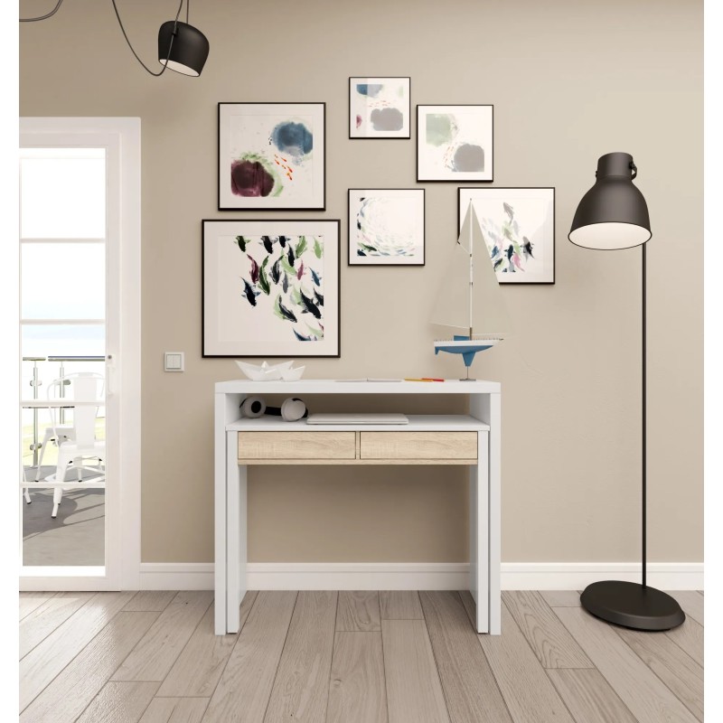 Mesa Escritorio Extensible Consola 2 en 1 | Blanco Artik y Roble Canadian 98,5 cm