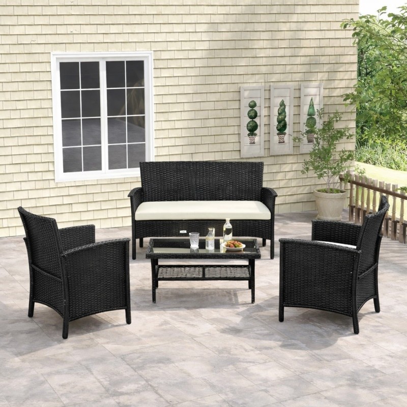 Conjunto de jardín 4 piezas ratán sintético negro con cojines