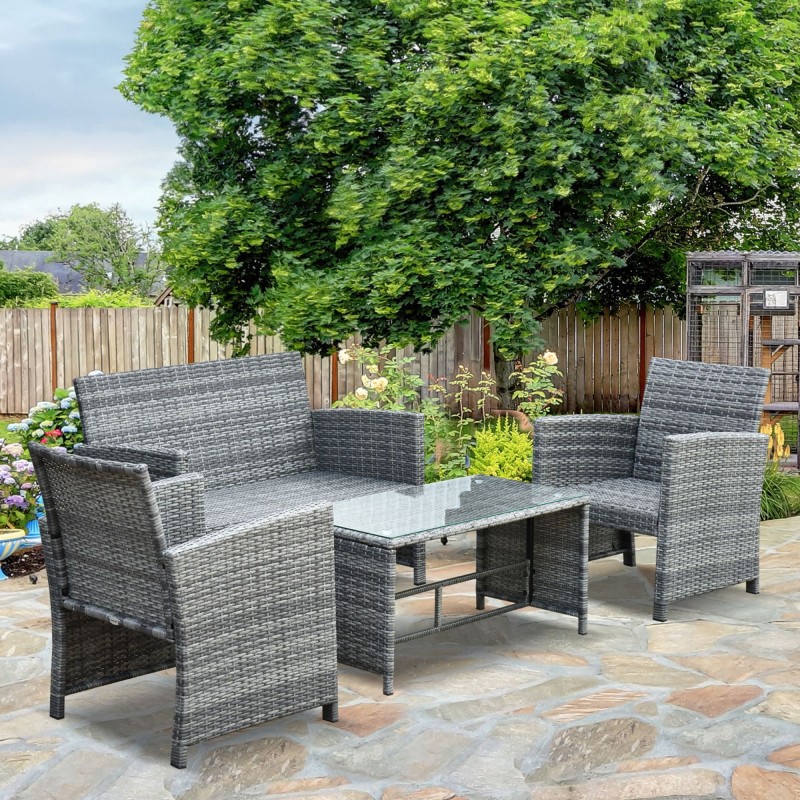 Set Jardín Vitta – Sofá 2 Plazas, 2 Sillones y Mesa Cristal en Ratán Gris