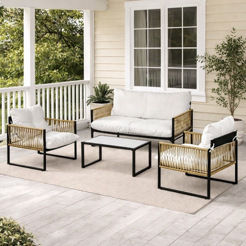 Set Jardín Kora – Sofá 2 Plazas, 2 Sillones y Mesa | Ratán Tejido a Mano