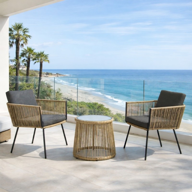 Set Balcón Tiko – 2 Sillones Cuerda Natural y Mesa Redonda Cristal