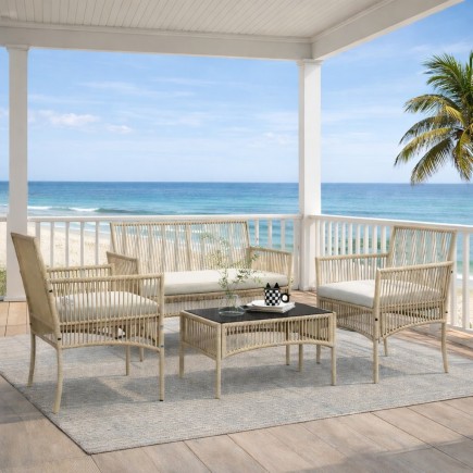 Set Jardín Duna – Sofá 2 Plazas, 2 Sillones y Mesa Cristal en Cuerda Beige