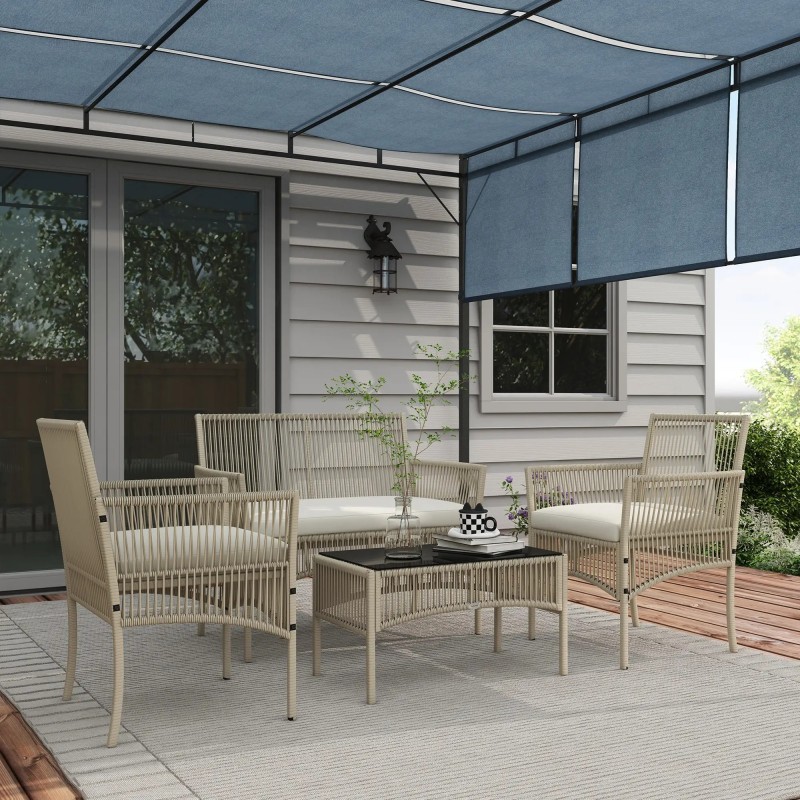 Set Jardín Duna – Sofá 2 Plazas, 2 Sillones y Mesa Cristal en Cuerda Beige