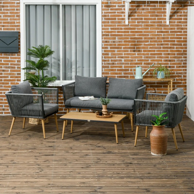 Set Jardín Rope – Sofá 2 Plazas, 2 Sillones Cuerda Gris y Mesa Efecto Madera
