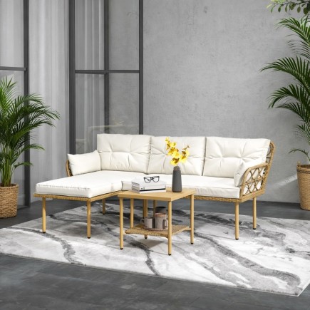 Set Jardín Cleo – Sofá Chaise Longue Ratán Natural y Mesa con Estante