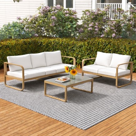 Conjunto Jardín 3 Piezas Aluminio Dorado – Sofá Ajustable, 2 Plazas y Mesa Cristal