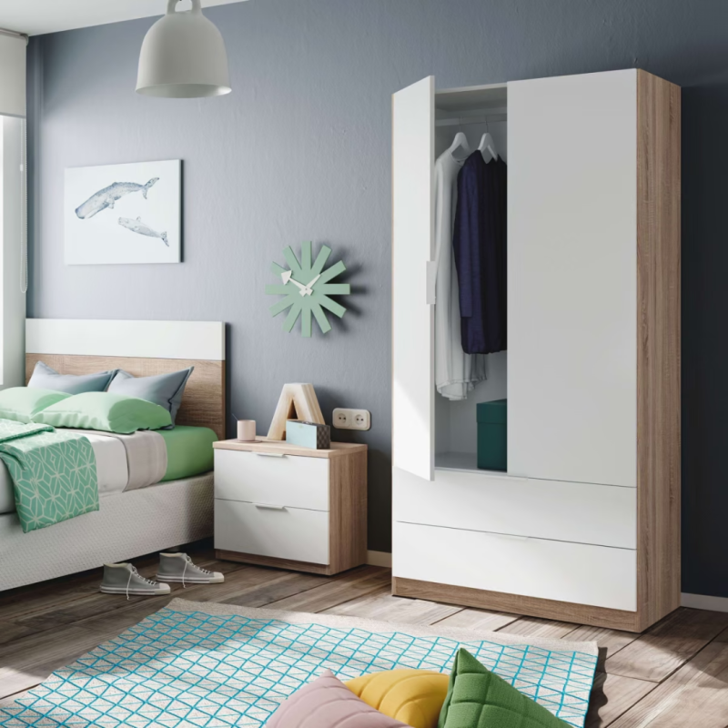 Armario Low Cost 2 Puertas con Cajones 80 cm Blanco y Roble