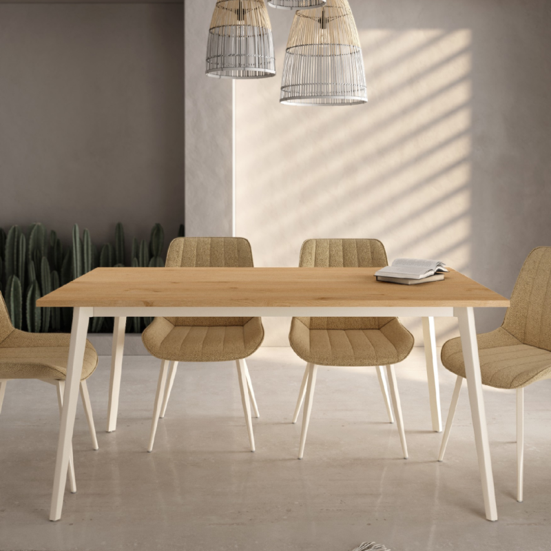 Mesa 140x90 Roble con Patas Metálicas Marfil | Diseño Nórdico