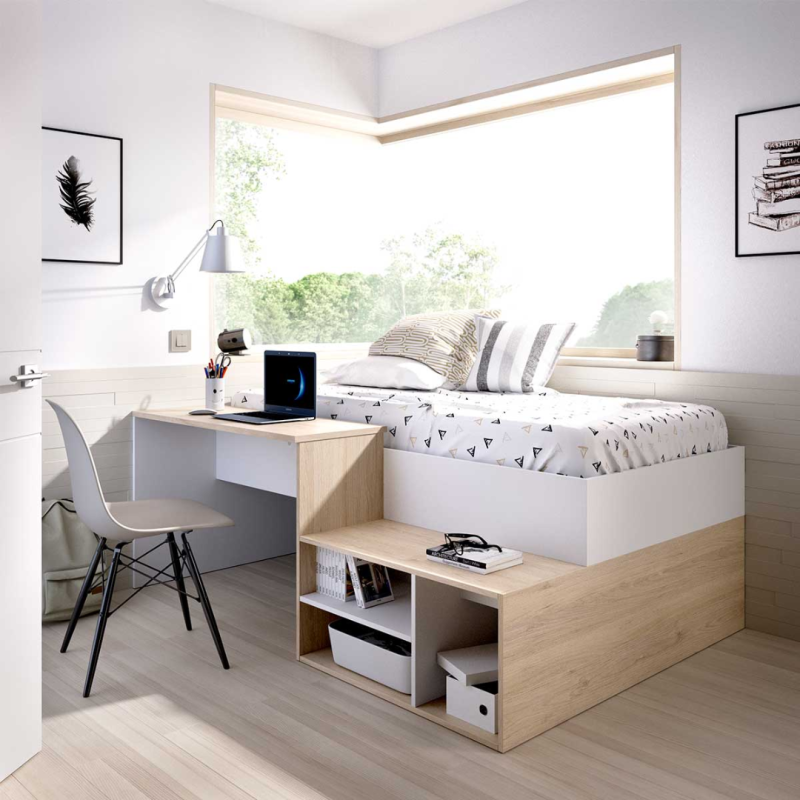 Cama Juvenil con Escritorio | Ahorra Espacio Blanco y Roble