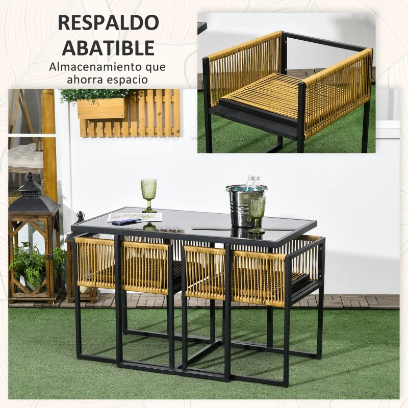 Set Ratán Anidable con Mesa de Cristal y 2 Sillas | Exterior Compacto