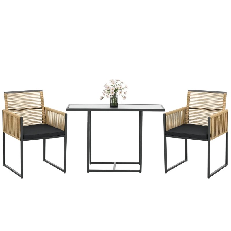 Set Ratán Anidable con Mesa de Cristal y 2 Sillas | Exterior Compacto