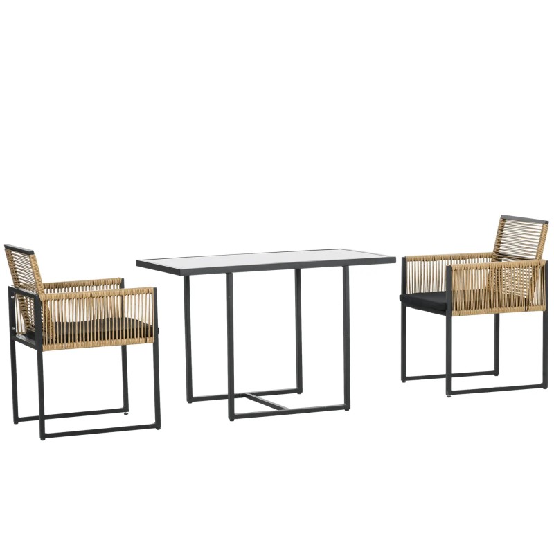 Set Ratán Anidable con Mesa de Cristal y 2 Sillas | Exterior Compacto