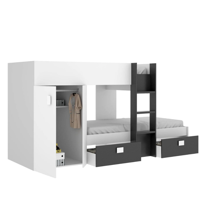 Cama Tren Juvenil con Armario y Cajones Blanco y Negro