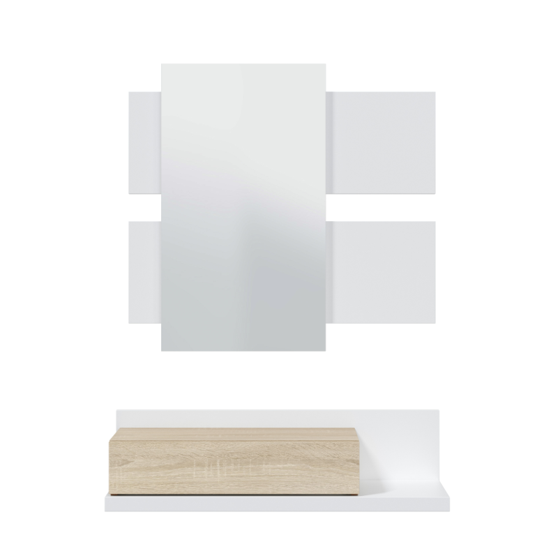 Mueble Recibidor Colgante con Cajón y Espejo Blanco y Roble | 75 cm