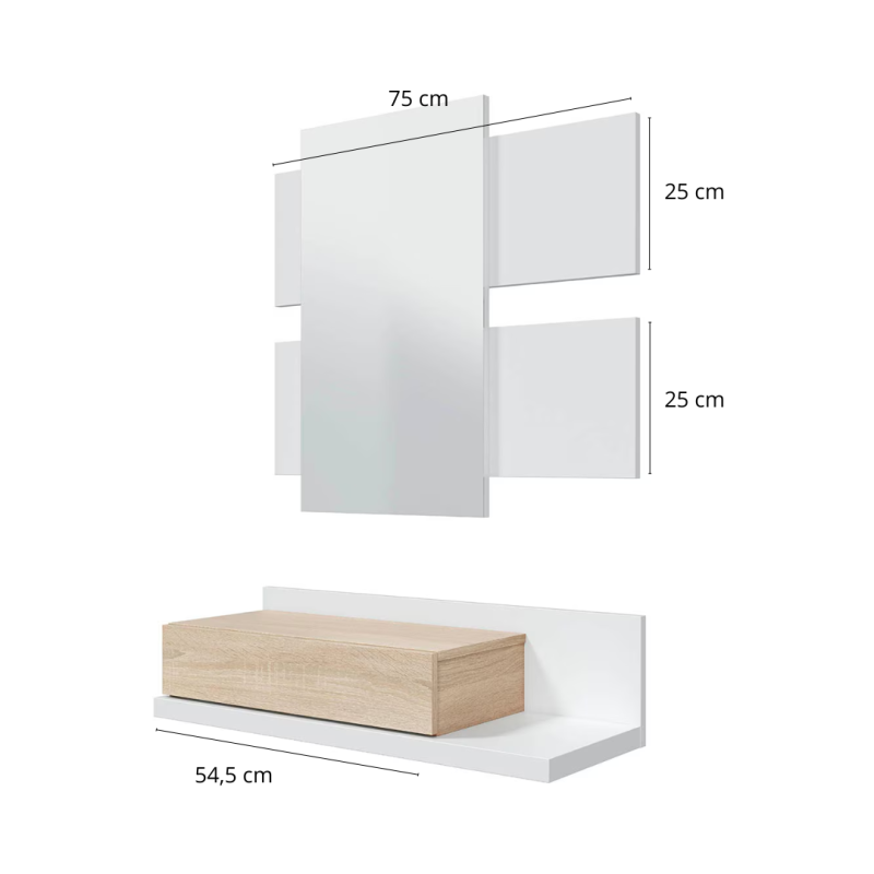 Mueble Recibidor Colgante con Cajón y Espejo Blanco y Roble | 75 cm
