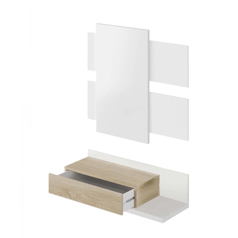 Mueble Recibidor Colgante con Cajón y Espejo Blanco y Roble | 75 cm