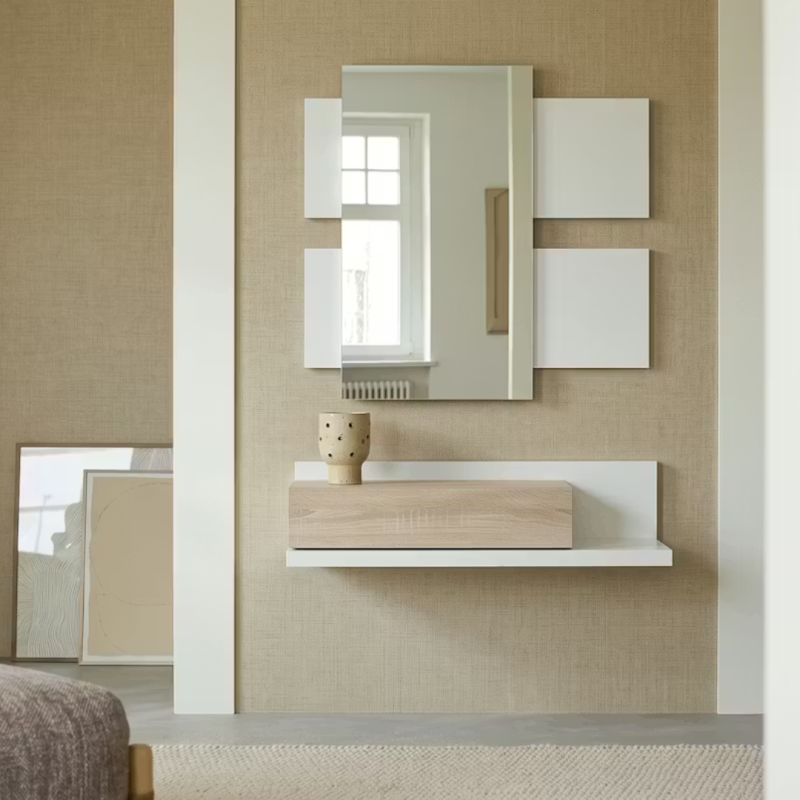 Mueble Recibidor Colgante con Cajón y Espejo Blanco y Roble | 75 cm
