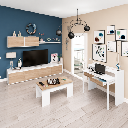 Mesa de Centro Elevable Blanco Artik Roble Canadian | 100x50 cm