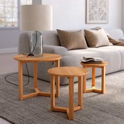 Set 3 Mesas Nido Redondas Roble Natural | Ø50/Ø35/Ø30 cm Estructura Trípode