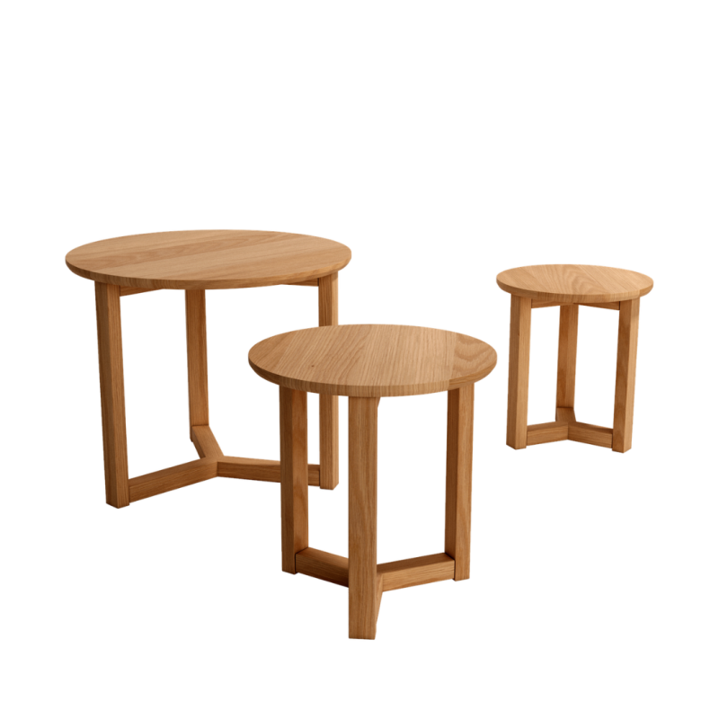 Set 3 Mesas Nido Redondas Roble Natural | Ø50/Ø35/Ø30 cm Estructura Trípode