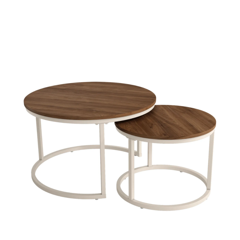 Set 2 Mesas Auxiliares Redondas Melamina Java Estructura Marfil | Ø70 y Ø50 cm