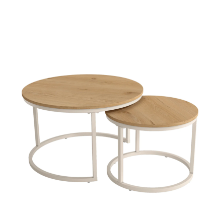 Set 2 Mesas Auxiliares Redondas Huron Roble Estructura Marfil | Ø70 y Ø50 cm