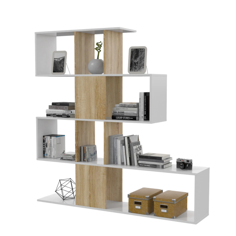 Estantería Zig-Zag 12 Huecos Blanco Artik y Roble Canadian | 145x145 cm