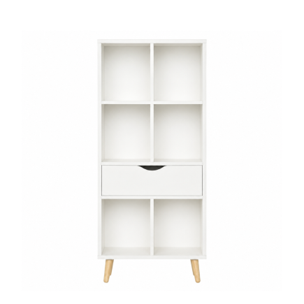 Estantería Librería Blanca 6 Compartimentos + Cajón y Patas | 50x29,5x120 cm