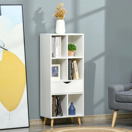 Estantería Librería Blanca 6 Compartimentos + Cajón y Patas | 50x29,5x120 cm
