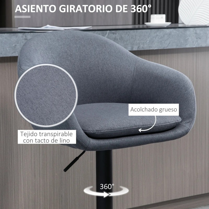 Taburete de Bar Regulable Tapizado de Tela con Reposapiés y Pata de Acero
