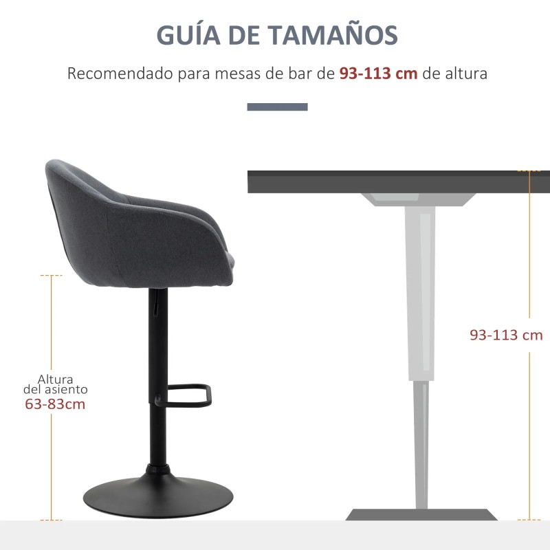 Taburete de Bar Regulable Tapizado de Tela con Reposapiés y Pata de Acero