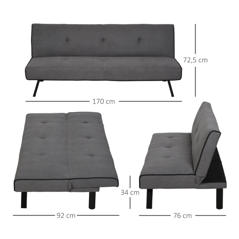 Sofá Cama 3 Plazas Reclinable Terciopelo Gris | Patas Metal | 170 cm