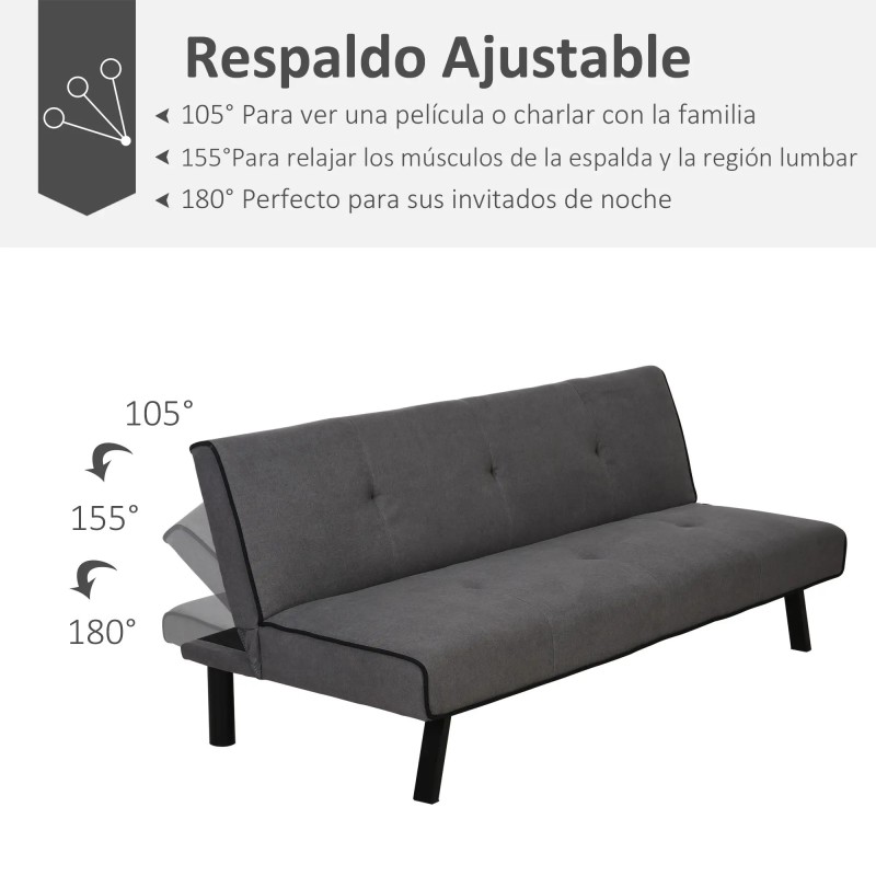 Sofá Cama 3 Plazas Reclinable Terciopelo Gris | Patas Metal | 170 cm