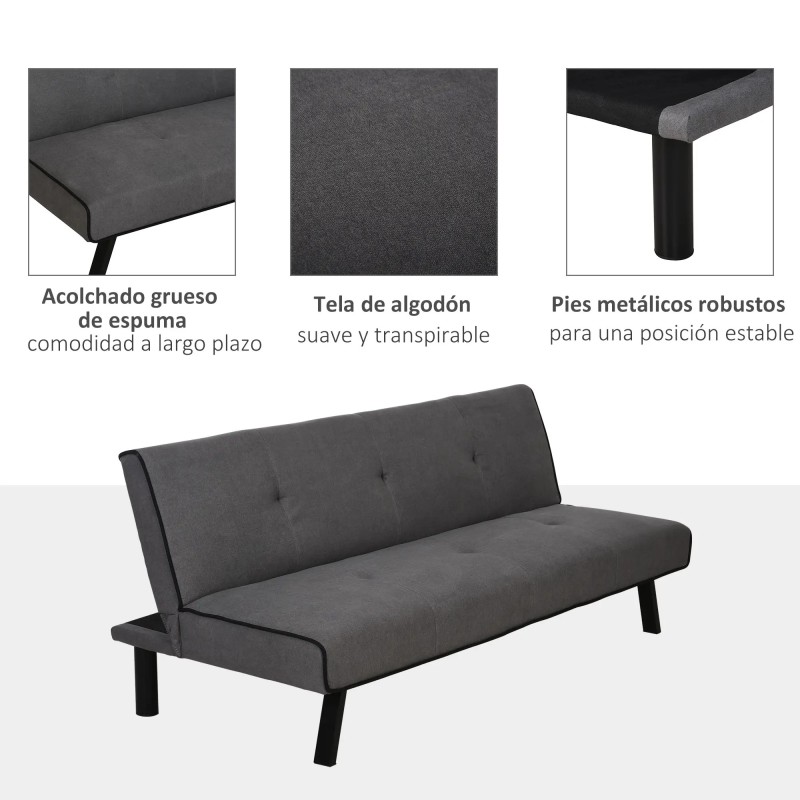 Sofá Cama 3 Plazas Reclinable Terciopelo Gris | Patas Metal | 170 cm