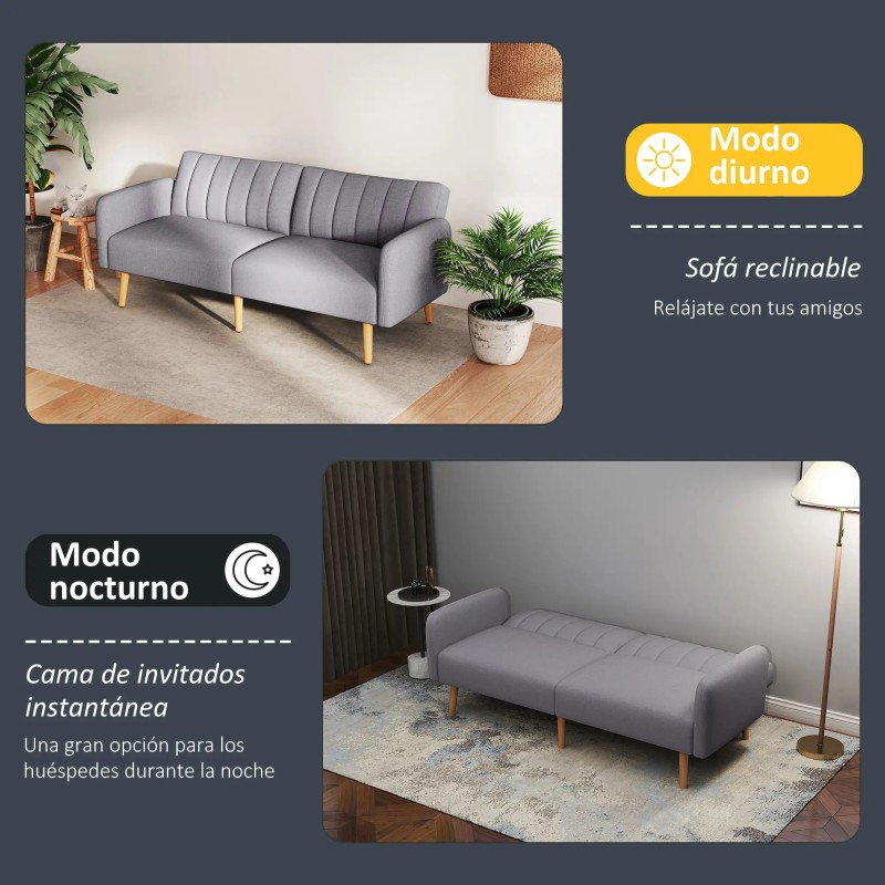 Sofá Cama 3 Plazas Lino Sintético | Respaldo Doble Ajustable | 173 cm