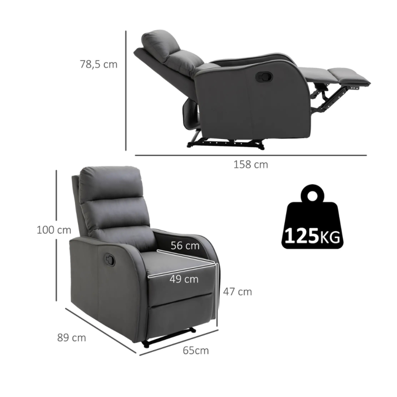 Sillón Relax Reclinable PU Gris | Reposapiés Retráctil | 160°