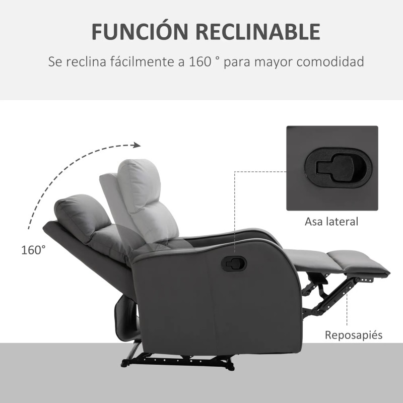 Sillón Relax Reclinable PU Gris | Reposapiés Retráctil | 160°