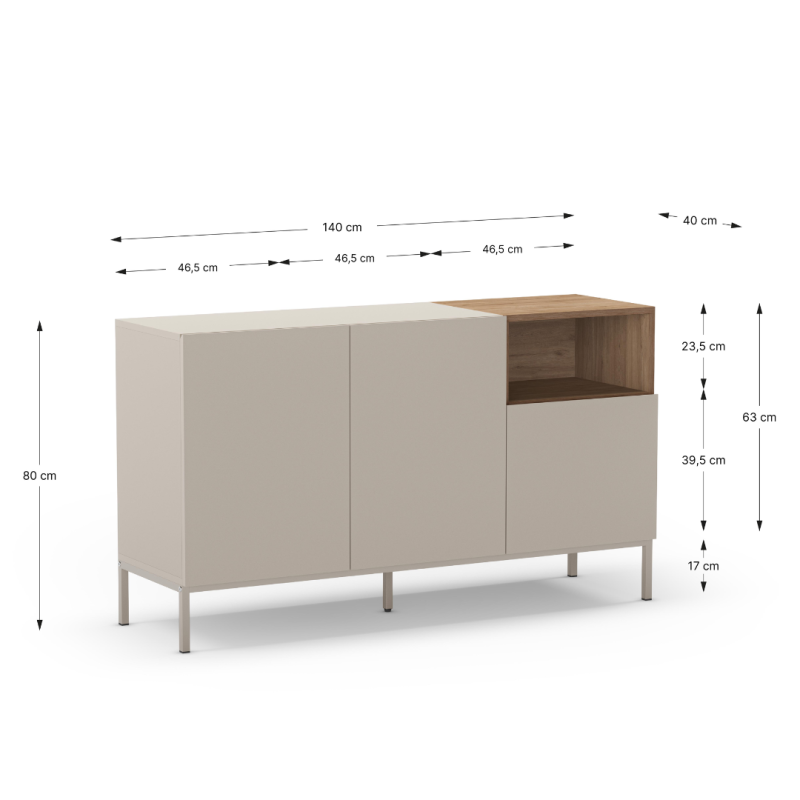 Aparador Cailin Crema y Roble Pata Metal | 140 o 180 cm | Hueco Abierto