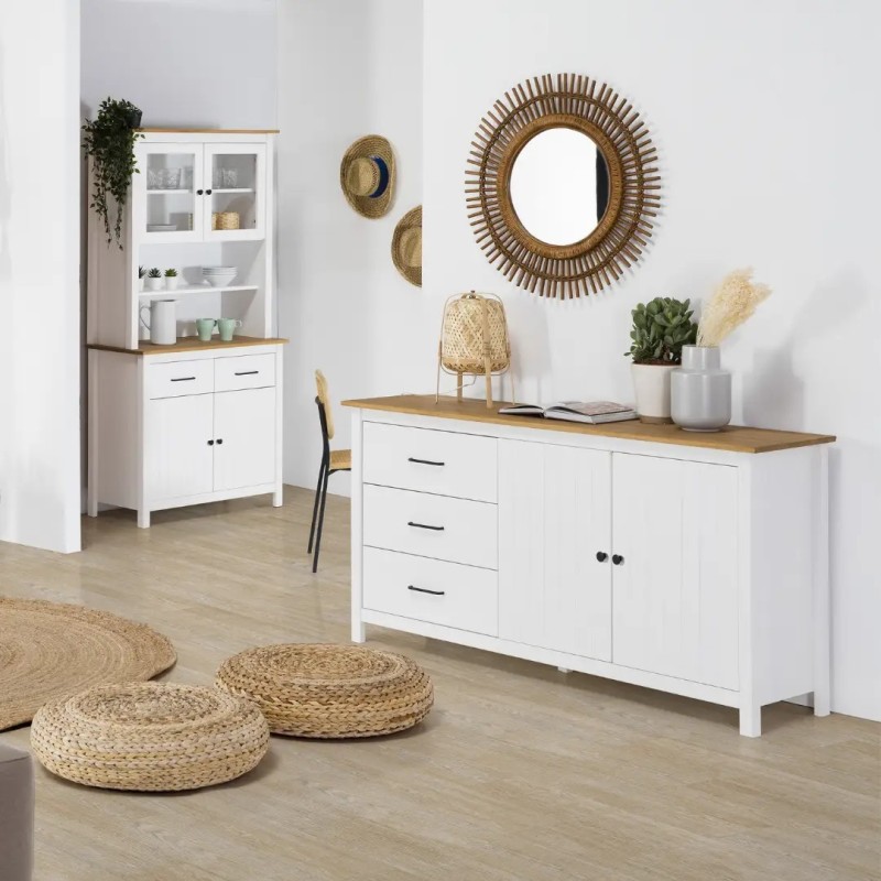 Aparador Miranda Blanco y Madera Natural | 2 Puertas 3 Cajones | 150x40x80 cm