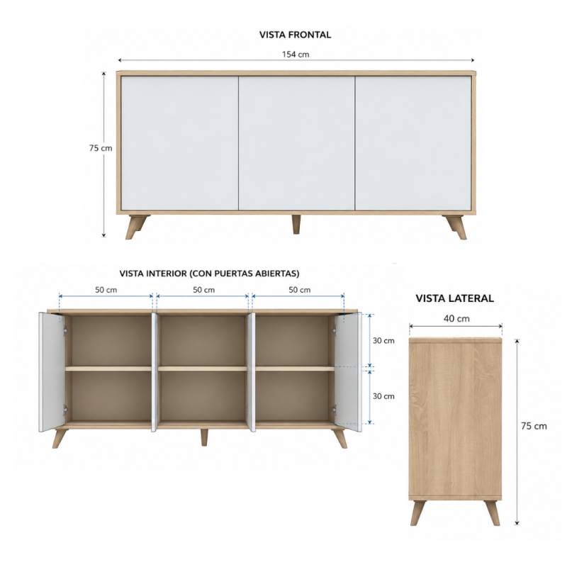 Aparador Kikua 3 Puertas Push Blanco Artik y Roble Canadian | 154x40x75 cm