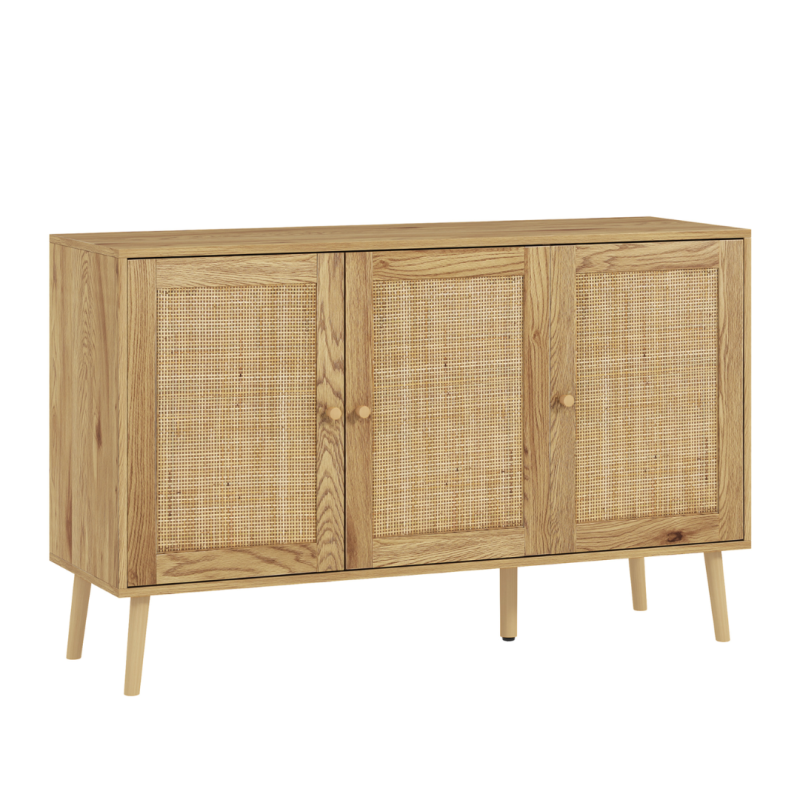 Aparador Bohemio Puertas de Ratán Madera Natural | 120x40x75 cm | Estantes Ajustables