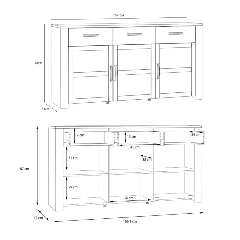Aparador Nova 166 cm Gris y Roble Riviera | 3 Puertas 3 Cajones