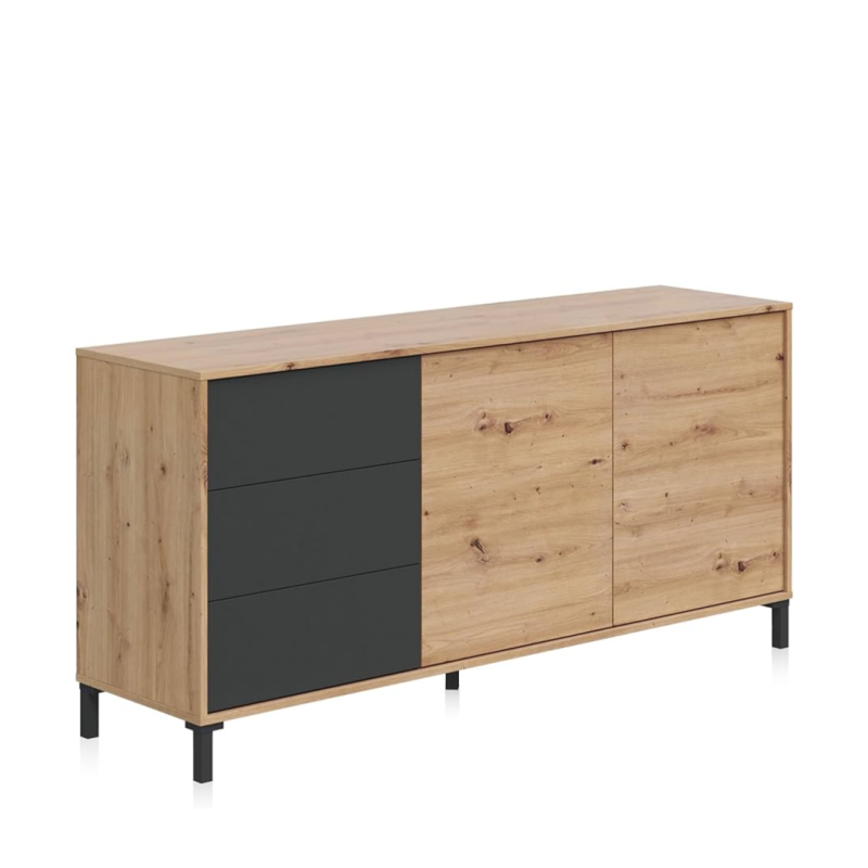 Aparador Brooklyn Roble Nodi y Antracita | 2 Puertas 3 Cajones | 154x41x74 cm