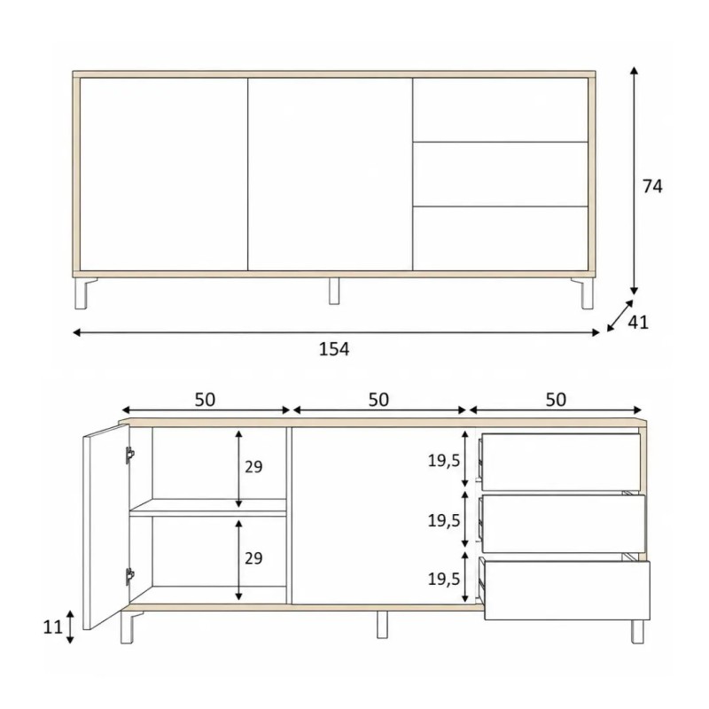 Aparador Brooklyn Roble Nodi y Antracita | 2 Puertas 3 Cajones | 154x41x74 cm