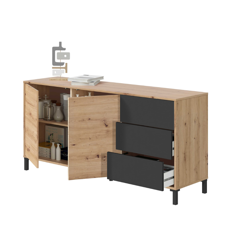 Aparador Brooklyn Roble Nodi y Antracita | 2 Puertas 3 Cajones | 154x41x74 cm