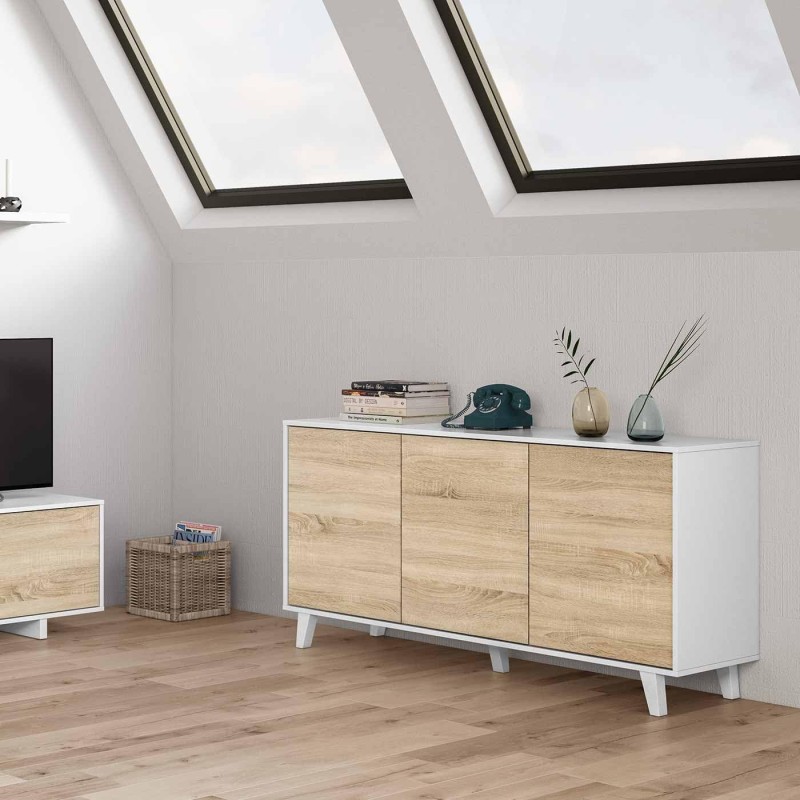Aparador Zaiken Plus 3 Puertas Push Blanco Brillo y Roble Canadian | 154x41x75 cm
