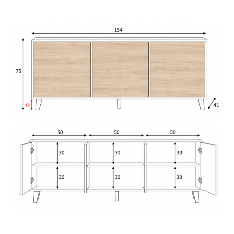 Aparador Zaiken Plus 3 Puertas Push Blanco Brillo y Roble Canadian | 154x41x75 cm