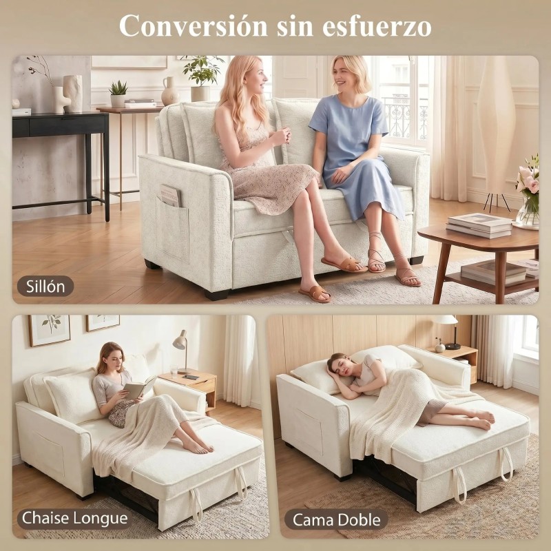 Sofá Cama 2 Plazas Clic Clac | 3 en 1 con Bolsillos y 2 Almohadas