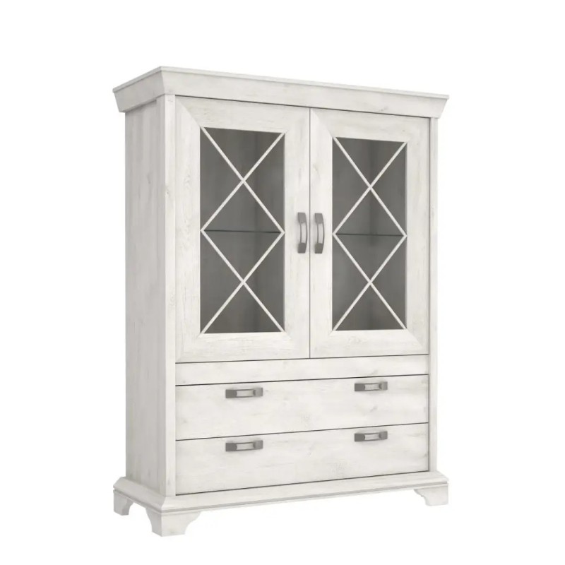 Vitrina Siena Blanco Pino | 2 Puertas Cristal y 2 Cajones Rústica